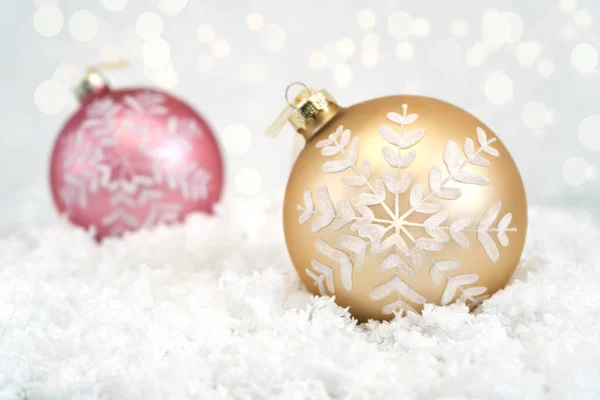 Golden Glass Ball White Pattern Christmas Tree Lies White Snow — Stock Photo, Image