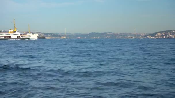 Nice View Bosphorus Left Right Ferry Turkish Flag Sailing Sunny — Video