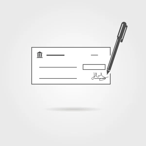 Cheque bancario con pluma y sombra — Vector de stock