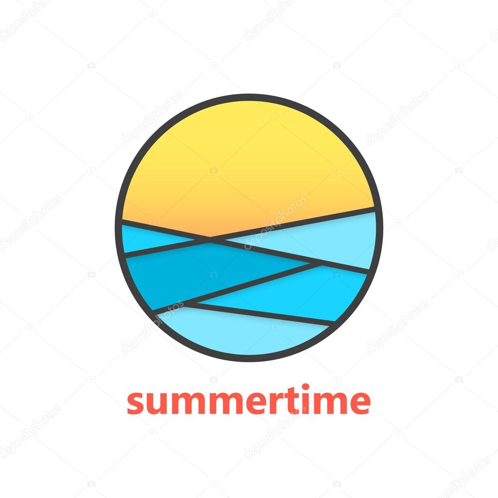 Summertime sign with waves and sunset. concept of marine, surfing, surface, exotic, rest, horizon, visual identity. isolated on white background. flat style modern brand design vector illustration