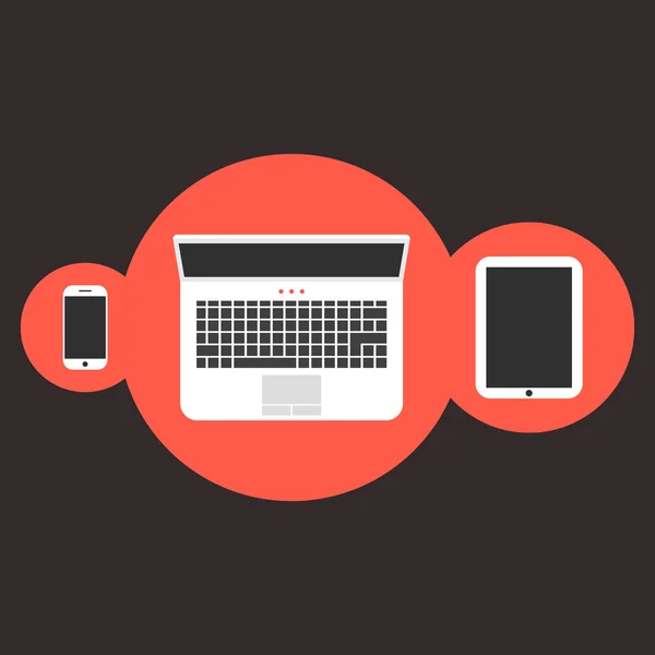 Telefoon, laptop en tablet in rode cirkels — Stockvector