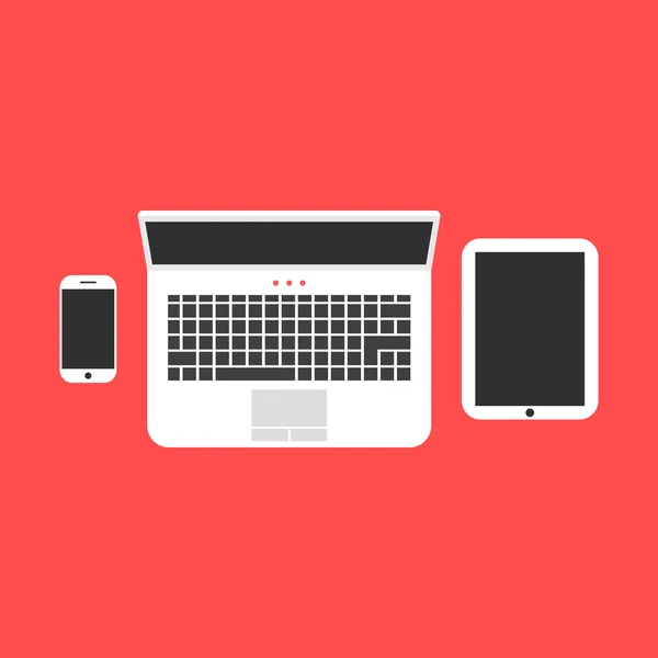 Witte telefoon, laptop en tablet geïsoleerd op rode achtergrond — Stockvector