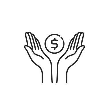 Dolar parasıyla siyah elleri sarmala. Düz vuruş stili trend modern doğrusal basit logotype grafik sanat tasarımı beyaz zemin üzerinde izole. Çocuklar için cep harçlığı kavramı ya da ticari başarı tasarrufu