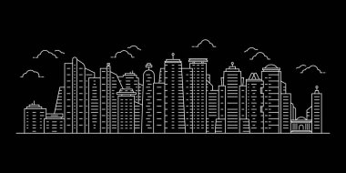 İnce çizgili gökdelenleri olan beyaz şehir manzarası. Singapur ya da New York gibi şehir manzaraları. lineer düz vuruş basit biçim modern kontür grafik minimal çizgi tasarımı siyah arkaplan üzerinde izole