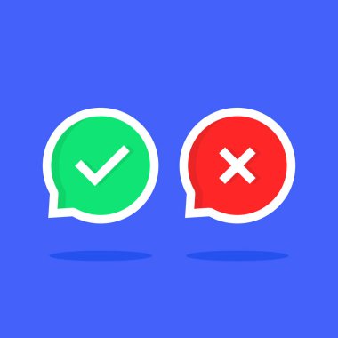 Renkli onay baloncukları, do ya da dont gibi. çizgi film modası modern basit logotip grafik set ui tasarım illüstrasyonunu mavi arkaplanda izole etti. İnceleme ya da bilgi hataları konsepti