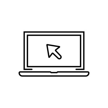 İmleç simgesi olan siyah doğrusal dizüstü bilgisayar. düz stil trend modern basit soyut logotip grafik tasarımı beyaz arkaplanda izole edildi. Web sitesi için mobil bilgisayar ya da arama tıklama oku kullanma kavramı