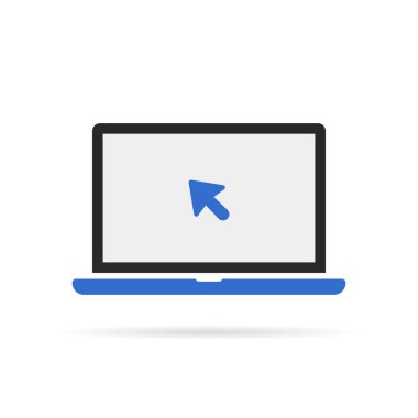 İmleci mavi dizüstü bilgisayar simgesi. Web sitesi için mobil bilgisayar ya da arama oku kullanma kavramı. düz stil trend modern soyut logotip grafik tasarımı beyaz arkaplan üzerinde izole