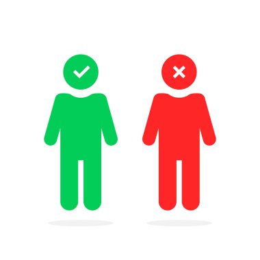 Kontrol işaretli basit bir çöp adam. Psikiyatride ruh hali ya da ruhsal durum değişikliği kavramı. düz trend modern kırmızı ve yeşil işe alma logotip grafik sanat tasarımı beyaz arkaplan izole