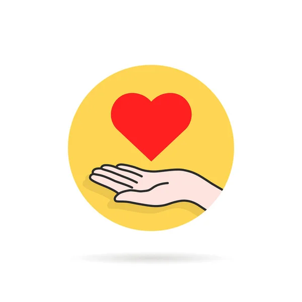 Круглый Желтый Благотворительный Логотип Сердцем Руке Мультипликационный Плоский Тренд Современный — стоковый вектор