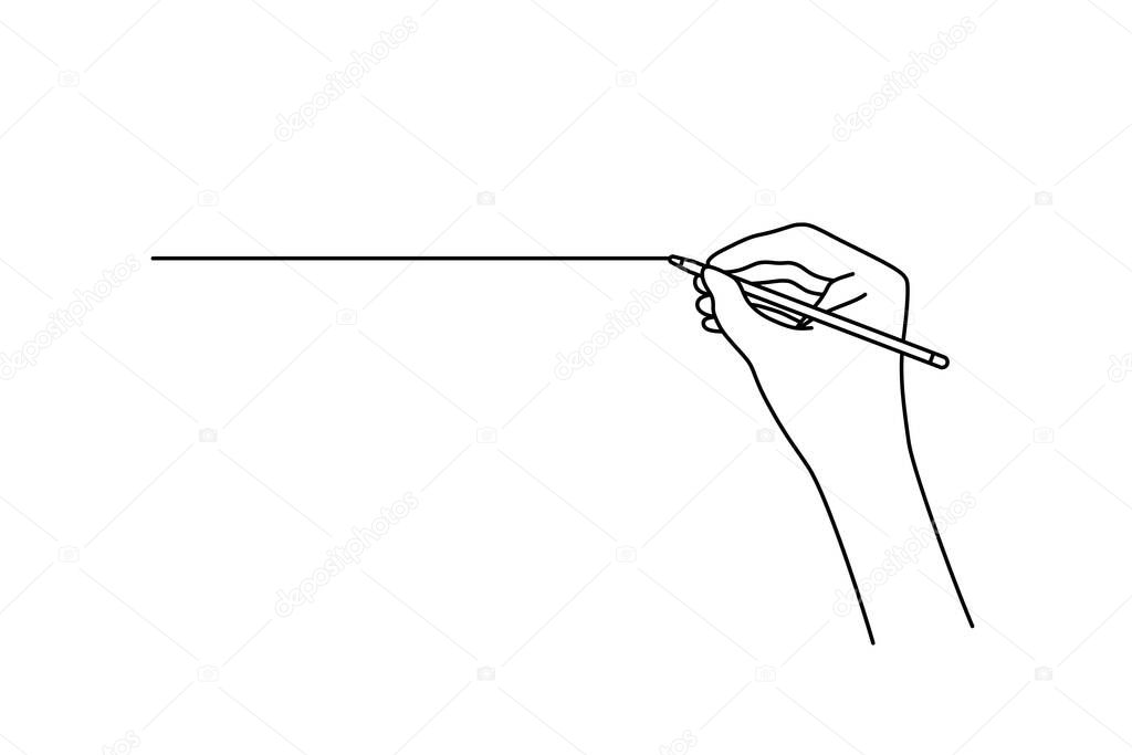 Linear hand drawing a straight line. concept of handwritten art by woman arm, writing ink paperwork and deal, planning study student. black contour logo graphic thin line design on white background