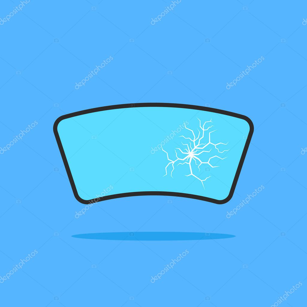 Cartoon broken windshield cracked glass. concept of shatter and mechanical damage on car screen or repair service. flat simple trend black logotype graphic design isolated on blue background