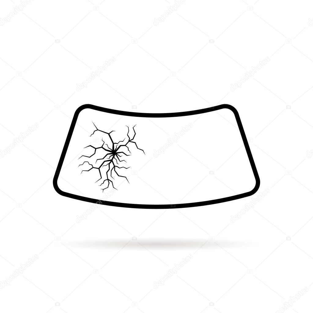 Broken windshield glass with crack. simple flat trend black logotype graphic design isolated on white background with shadow. concept of shatter and mechanical damage on car screen or repair service