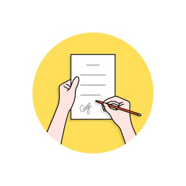 İmzalı sözleşmeli doğrusal eller. Kadın ya da erkek konsepti sonucu doğruluyor ya da sonuç ve mülkiyet belgesi. beyaz arkaplanda izole edilmiş karikatür düz modern logo grafik tasarım çizimi