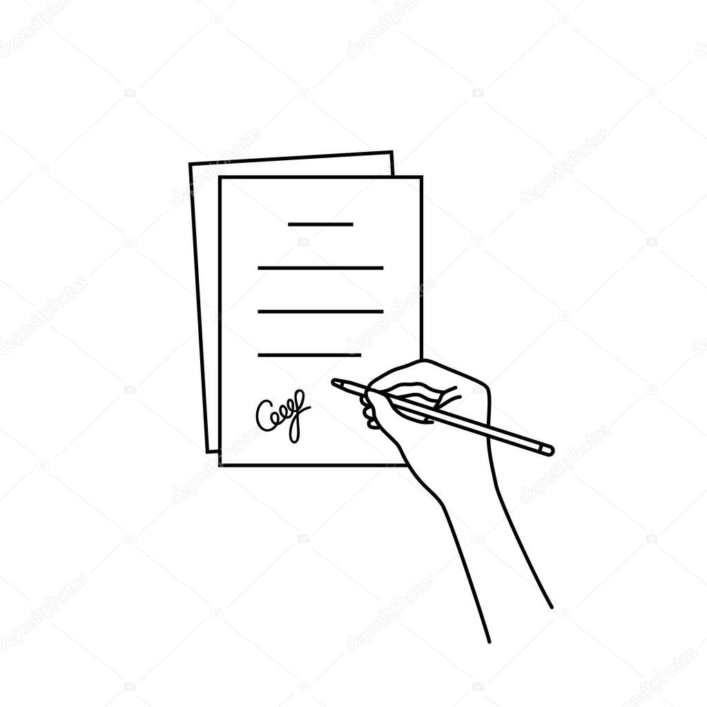 Thin line hand with signed document. linear modern pact logotype graphic design illustration isolated on white background. concept of man or woman with confirm outcome or inference and ownership doc