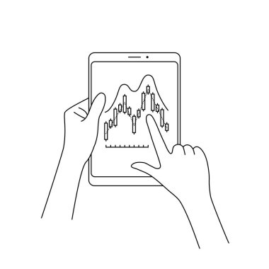 Finansal tablet tablet ekranı. İnce doğrusal düz trend modern sanat vuruşu tasarımı beyazda izole edildi. İş adamı öngörüsü araştırması Fin pazarı ve hisse değerlerinin analizi