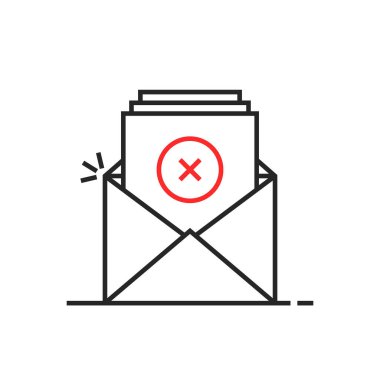 İnce çizgi red e-posta logosu. Felç düz stil logoti grafik sanatının basit tasarımı beyaz arkaplanda izole edilmiştir. Tehlikeli içeriğe sahip yeni ileti konsepti veya kontrol listesi yığını içeren posta kutusu