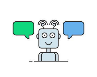 Hattı çevreleyen yardım hattı sohbet robotu logosu. düz çizgi film robo ya da cyborg logotype grafik grafik sanat tasarımı beyaza izole edilmiş. Etkileşim teknolojisi web sitesi için web sohbet robotu karakteri kavramı