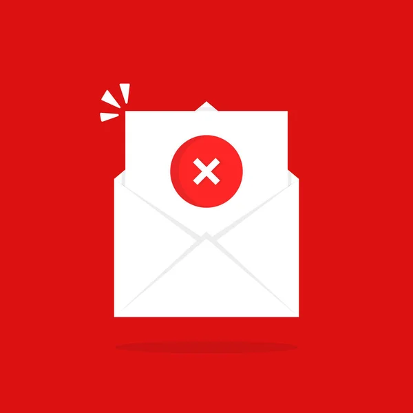拒否の手紙のような公開メール 危険な内容の新しいメッセージやチェックリストの山のあるメールボックスの概念 漫画フラットスタイルトレンドロゴタイプ赤の背景に隔離されたグラフィックシンプルなデザイン — ストックベクタ