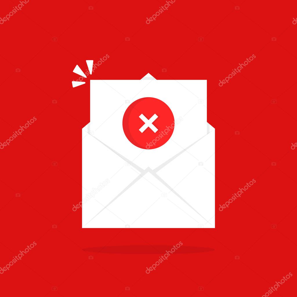 Open email like rejection letter. concept of new message with dangerous content or mailbox with pile of checklist. cartoon flat style trend logotype graphic simple design isolated on red background