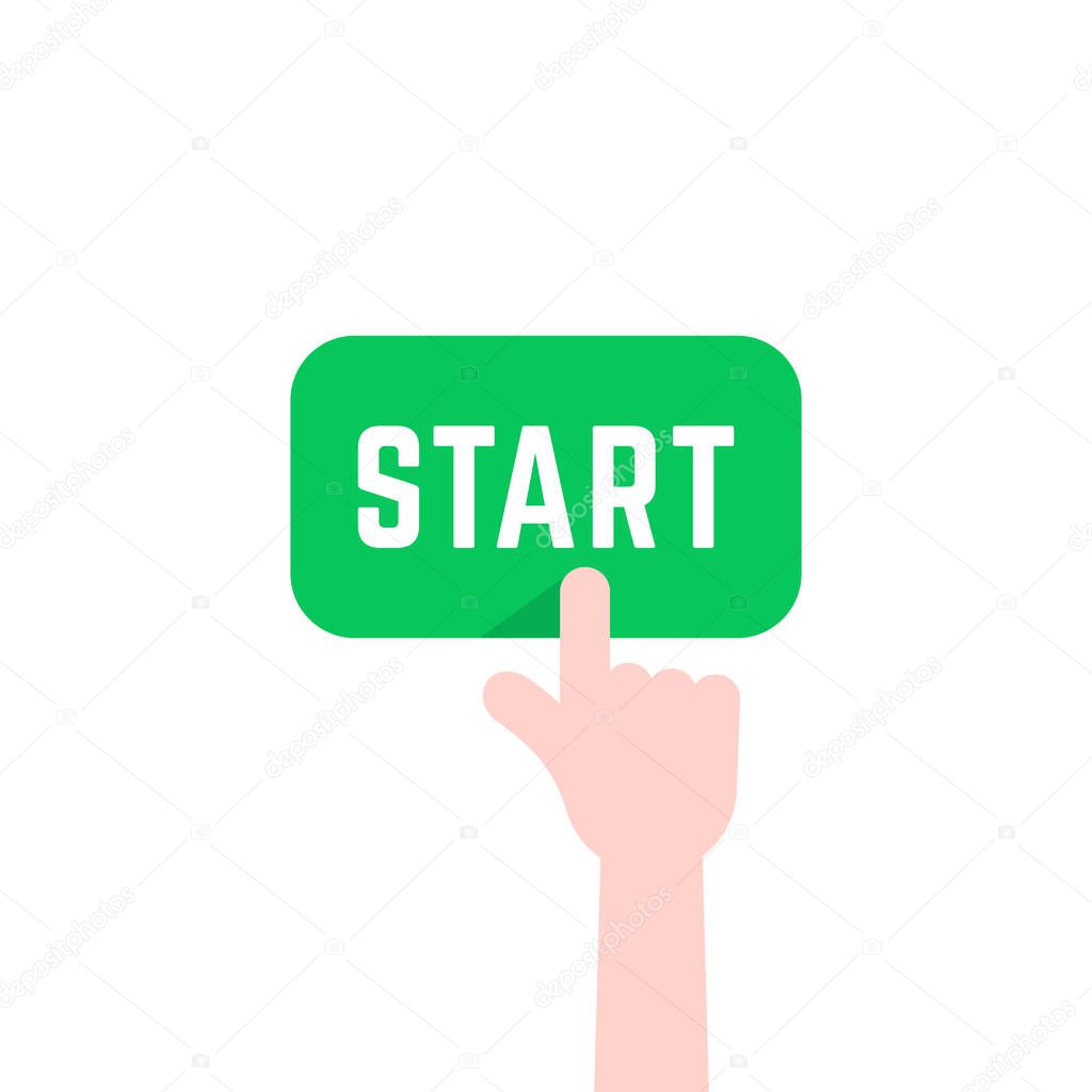 finger pushing green start button. simple cartoon style trend modern logo graphic design isolated on white background. concept of fast launching a new business or beginning of work in office