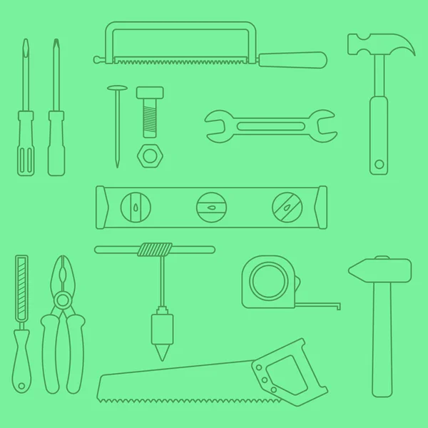 Set of outline hand tools on green background — Stock Vector