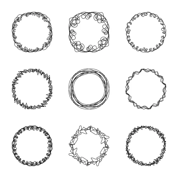 Satz von neun abstrakten chaotischen runden Rahmen Pinselskizze — Stockvektor