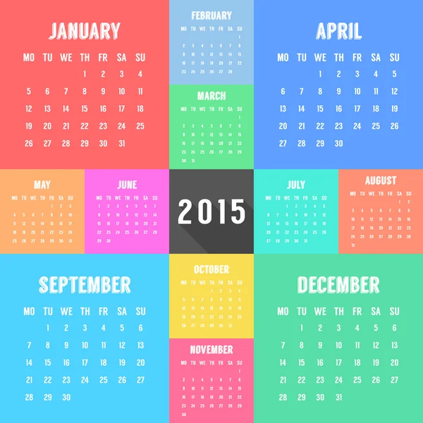 Calendar of 2015 year with different colored months — Stock Vector