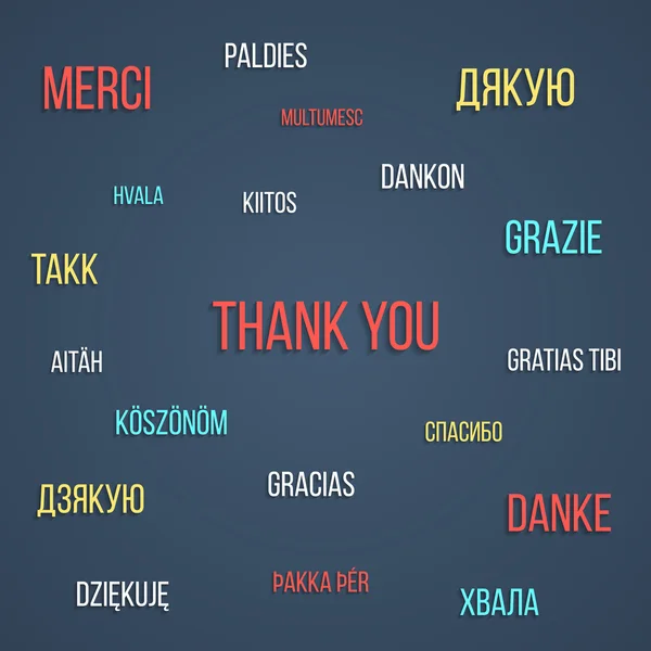 Lettrage coloré merci dans différentes langues avec ombre — Image vectorielle