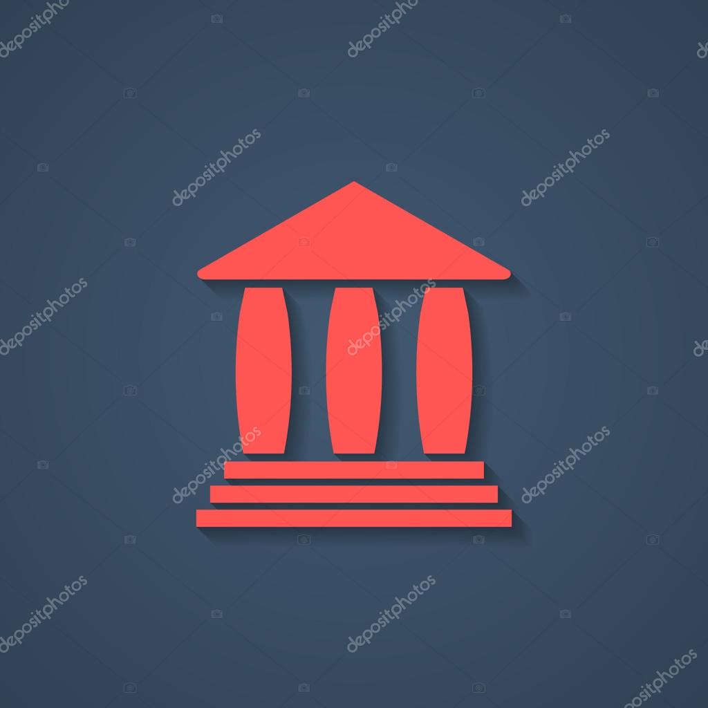 Red bank or greek colonnade icon with shadow. concept of lawyer, justice palace, judge, monumental facade and courtroom. isolated on stylish background. logo branding design modern vector illustration