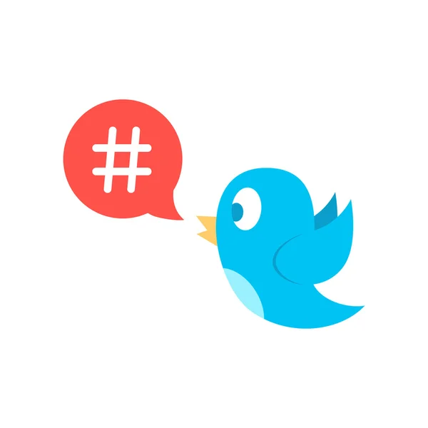 Icono del hashtag en burbuja de habla roja con pájaro azul — Vector de stock