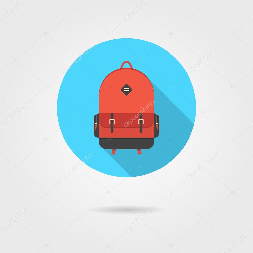 Red backpack in blue circle with long shadow. concept of schooling and trip around the world. isolated on grey stylish background. flat style logo design trendy modern vector illustration