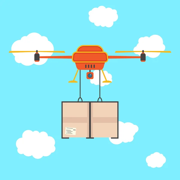 Red quadrocopter with cargo in the sky — Stock Vector