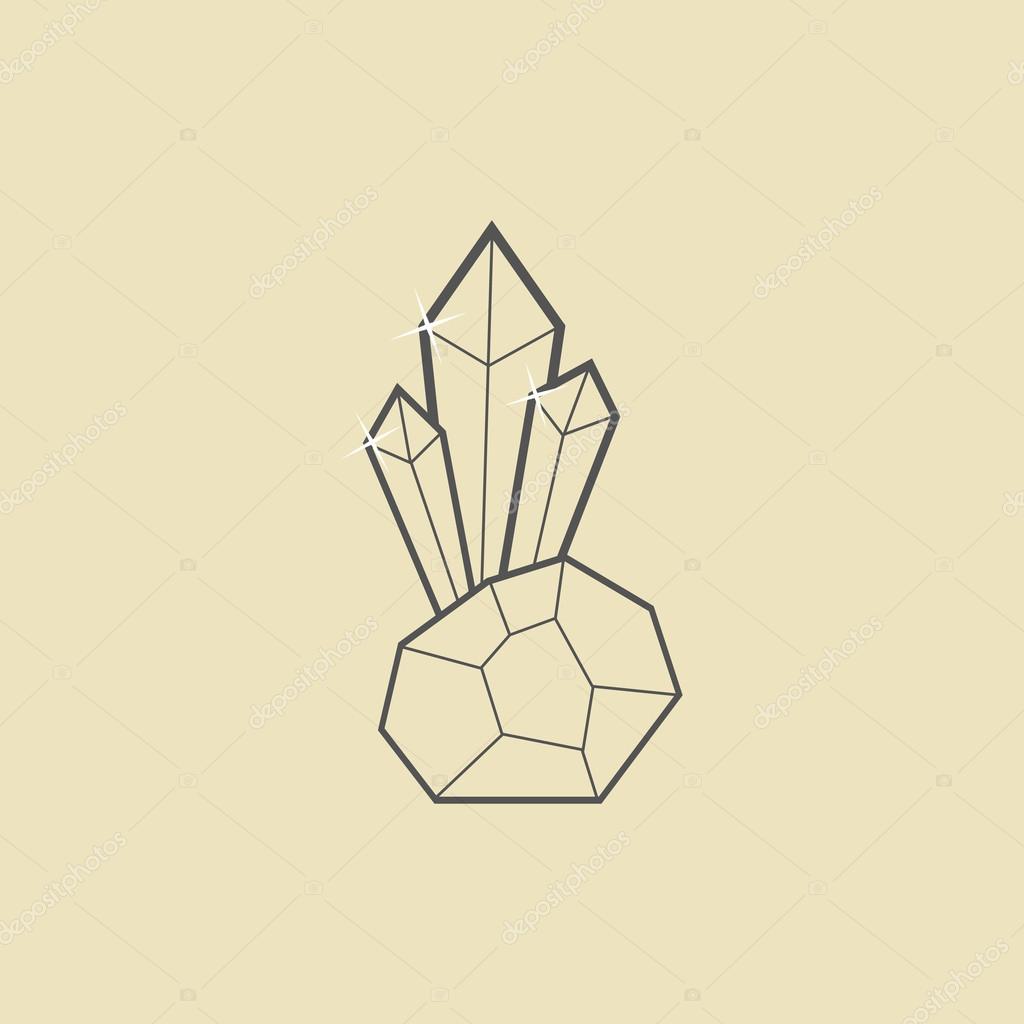 Outline crystal with stone on dark yellow background. concept of extraction of minerals, sign of jewelry store and cave exploration. logo design modern vector illustration