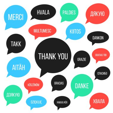 white thank you lettering in different languages in colored spee clipart