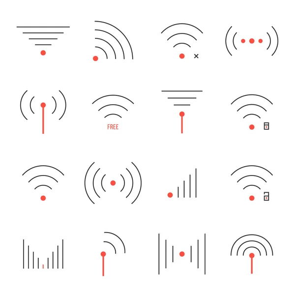 Conjunto simple de iconos de wifi rojo y negro delgada — Vector de stock