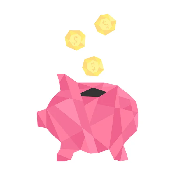 Pink polygonal piggy bank with golden coin — Stock Vector