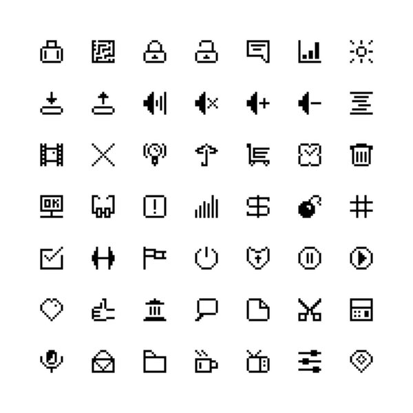 set of black web icons in pixel art