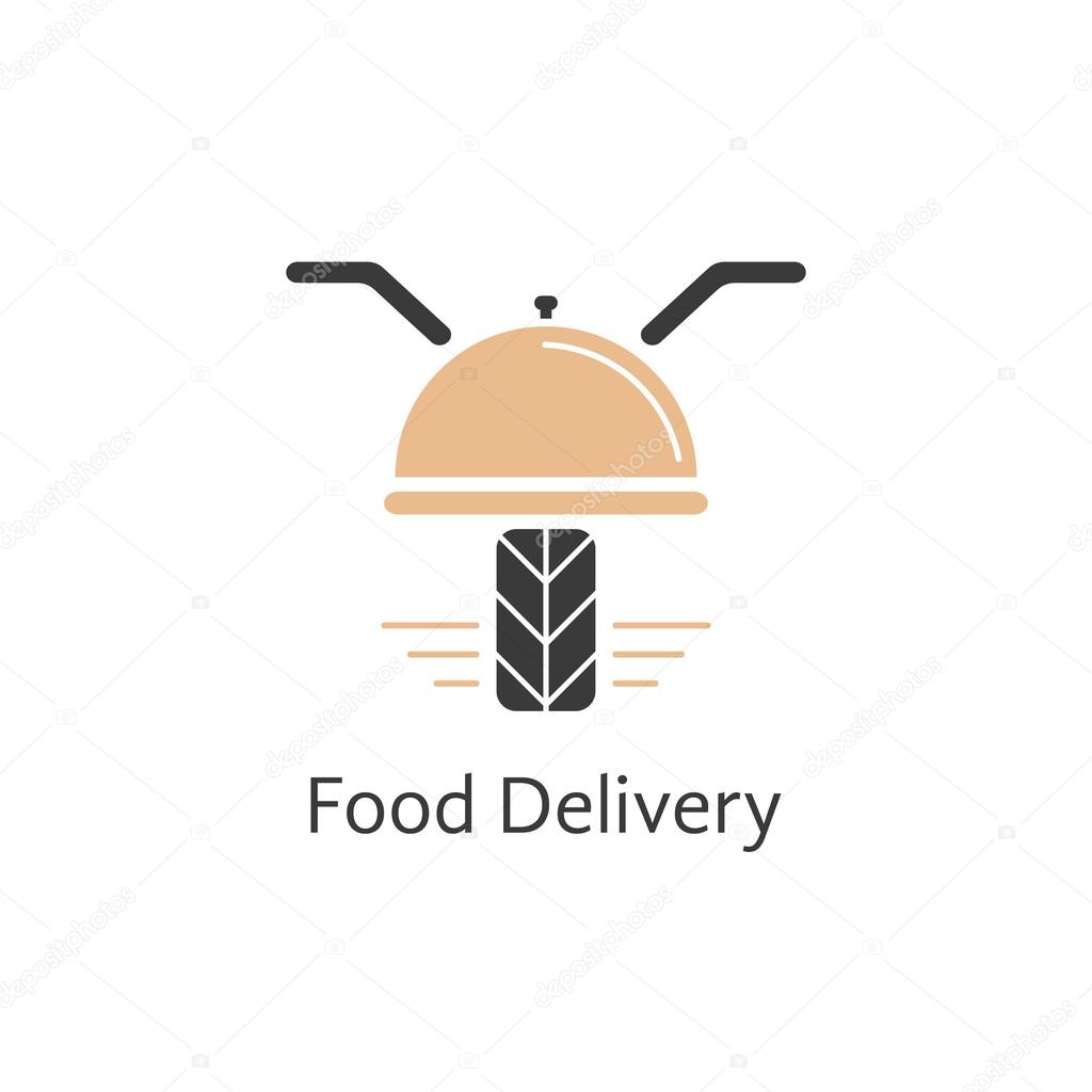 Food delivery logotype like motor scooter. concept of online cafe, payment discounts, courier, dining, meal serving. isolated on white background. flat style modern branding design vector illustration