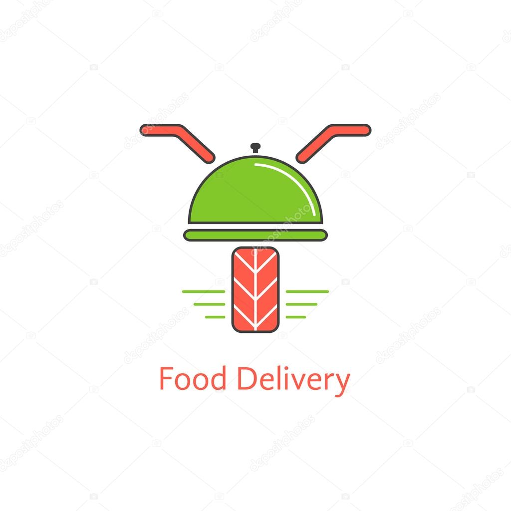 Food delivery with motor scooter and dish. concept of online cafe, payment discounts, courier, dining, meal serving. isolated on white background. flat style modern branding design vector illustration