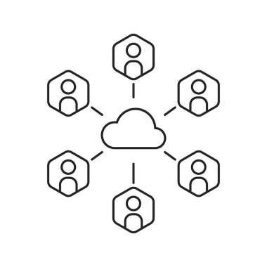 Buluttaki kişisel veriler gibi ince çizgi simgesi. Düz hatlı modern logoti grafik tasarımı beyaza izole edildi. Ev sahipliği ve elektronik belge yönetiminde aile aboneliği kavramı