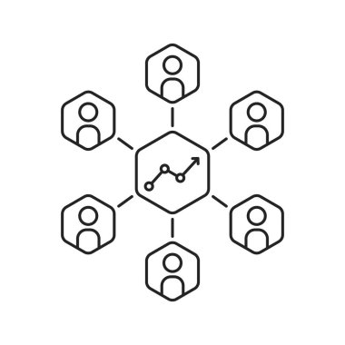 Takım, iş büyümesi için ince çizgi ikonu gibi çalışıyor. Düz doğrusal trend modern logotype grafik tasarım bilgisi öğesi beyaz arkaplanda izole edildi. maliyet veya değer tahminleri konsepti