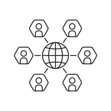 İnce çizgili küresel iş dünyası ikonu. Web kariyeri, serbest çalışma ve proje tartışması ya da ittifak içinde beyin fırtınası kavramı. anahat eğilimi net iletişim logotype grafik grafik tasarım elementi
