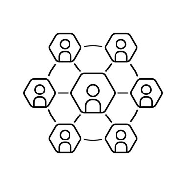 Doğrusal işbirliği ya da takım çalışması basit bir simge. Düz çizgili trend modern iletişim logoti grafik tasarımı beyazda izole edildi. Web konferansı ya da e-öğrenme ve iş projesi tartışması kavramı