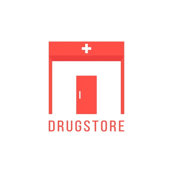 Pharmacy logotype with red drugstore building — Stock Vector