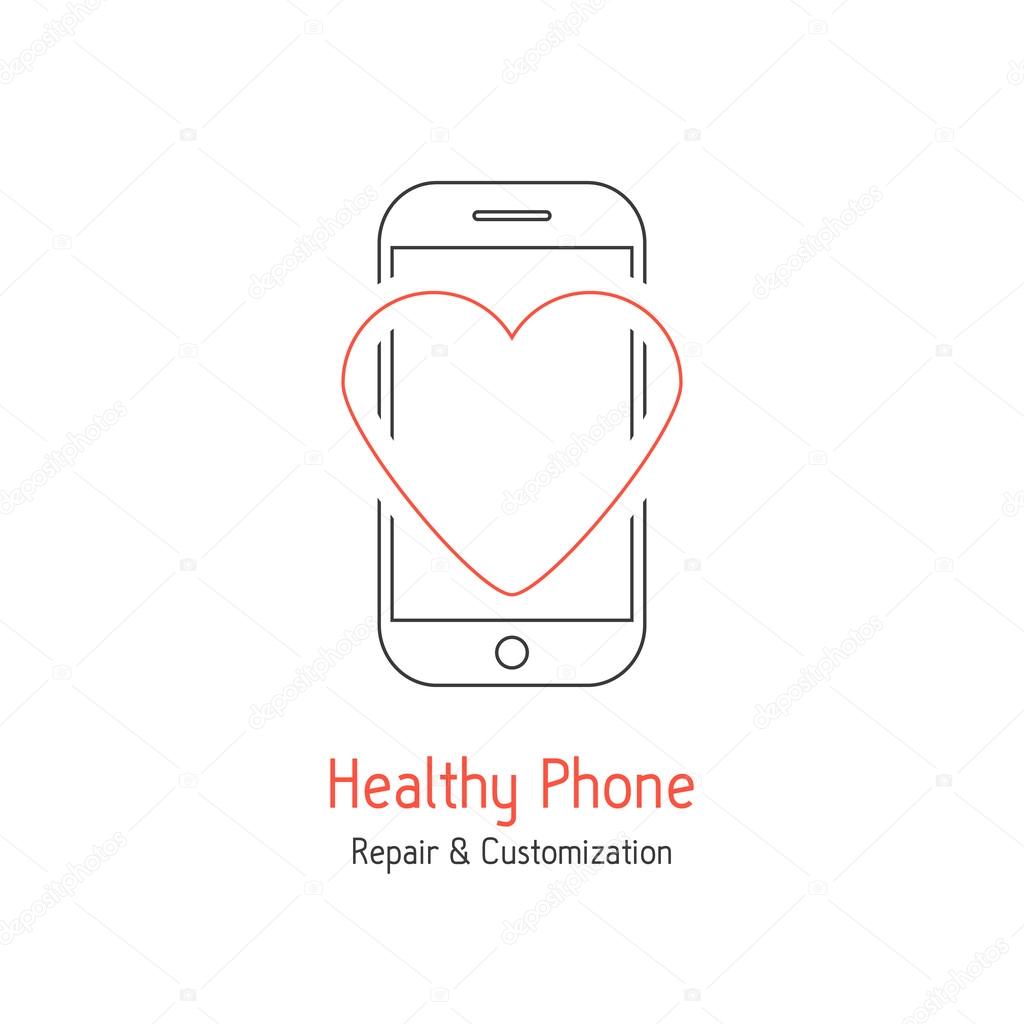 Healthy phone branding with red line heart. concept of tech problem, recover, service centre, technician test, equipment. isolated on white background. flat style modern design vector illustration