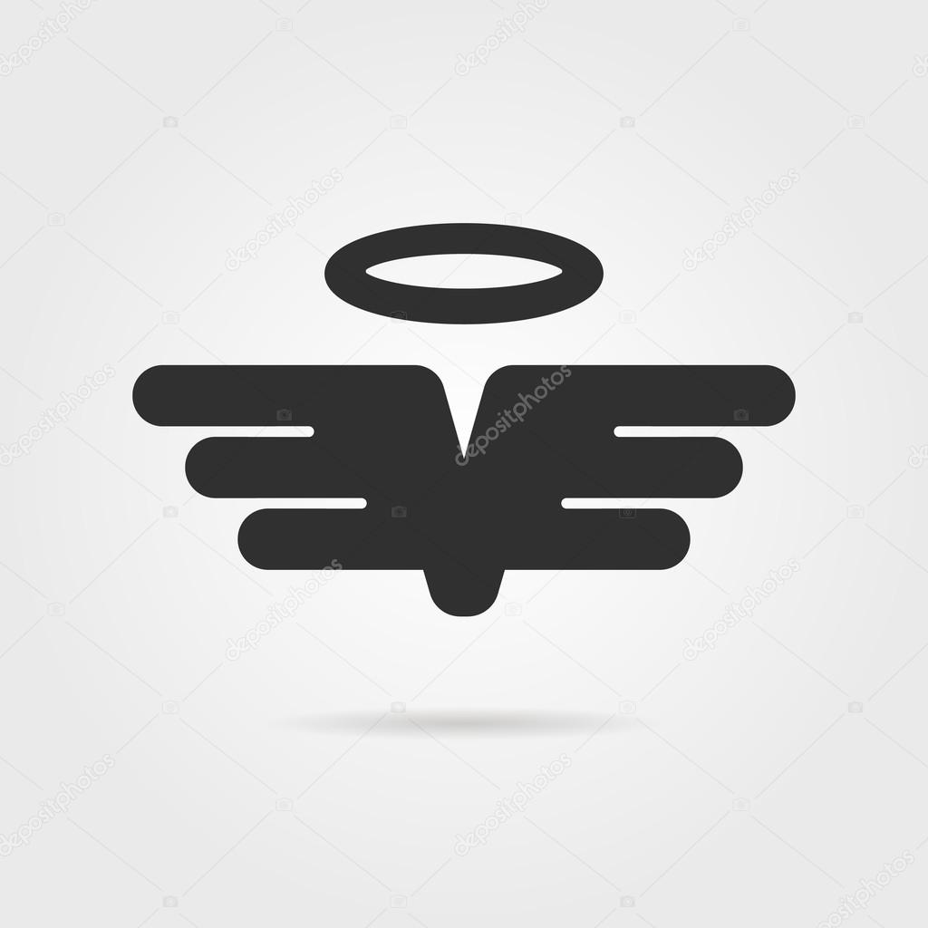 Black wings with gloriole and shadow. concept of christian, gothic, catholic, god, winged falcon, heavenly. isolated on grey stylish background. flat style modern brand design vector illustration