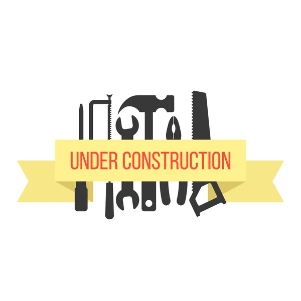 Under construction on yellow ribbon with black tools — Stock Vector