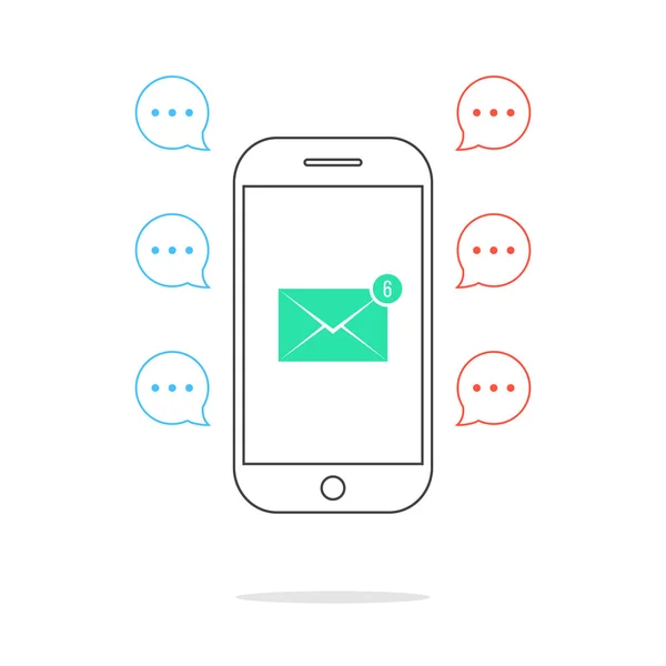 Aperçu smartphone avec bulles de parole colorées et icône e-mail — Image vectorielle