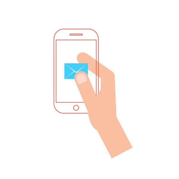Mão segurando smartphone contorno vermelho com ícone de e-mail azul — Vetor de Stock