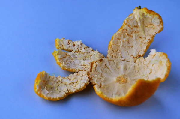 La peau d'une mandarine gros plan sur fond bleu — Photo